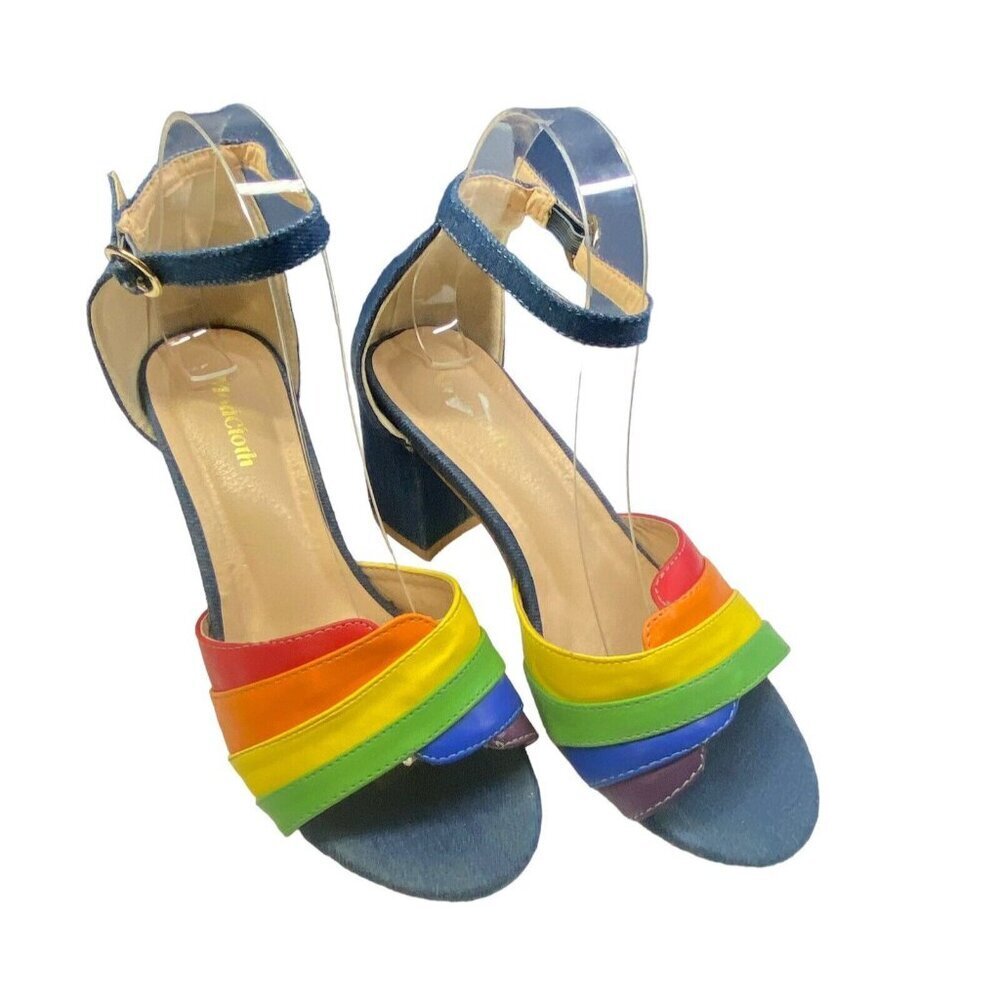 MODCLOTH Women Heels Size 5 Limitless Radiance Rainbow Denim Jean Sandals S-17